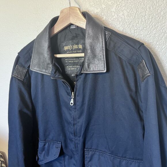 Vtg Sporty's Pilot Shop Navy Blue Flight Bomber Leather Collar  Type A5 Jacket L - Picture 2 of 13